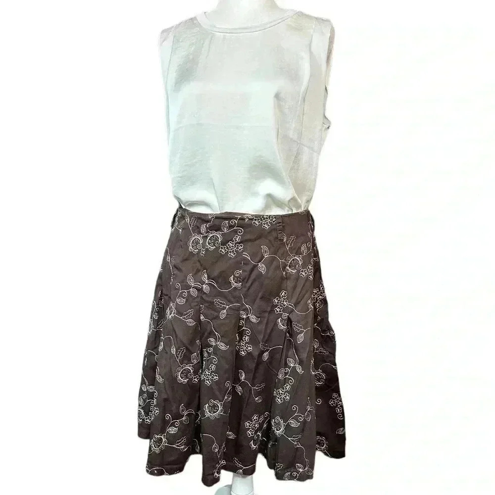 Kenar Brown White embroidered floral Skirt Size 10